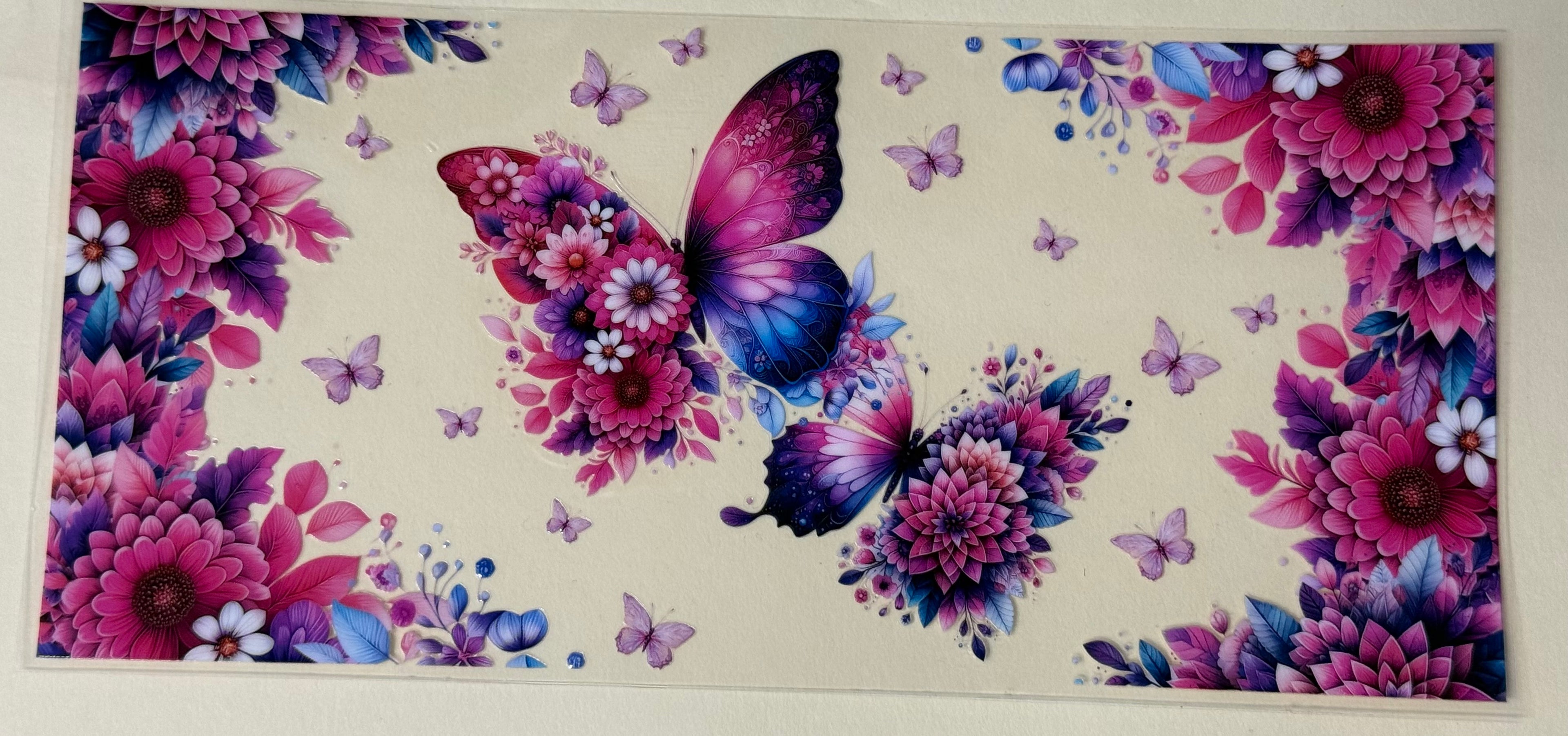 pink purple blue flowers and butterfly
