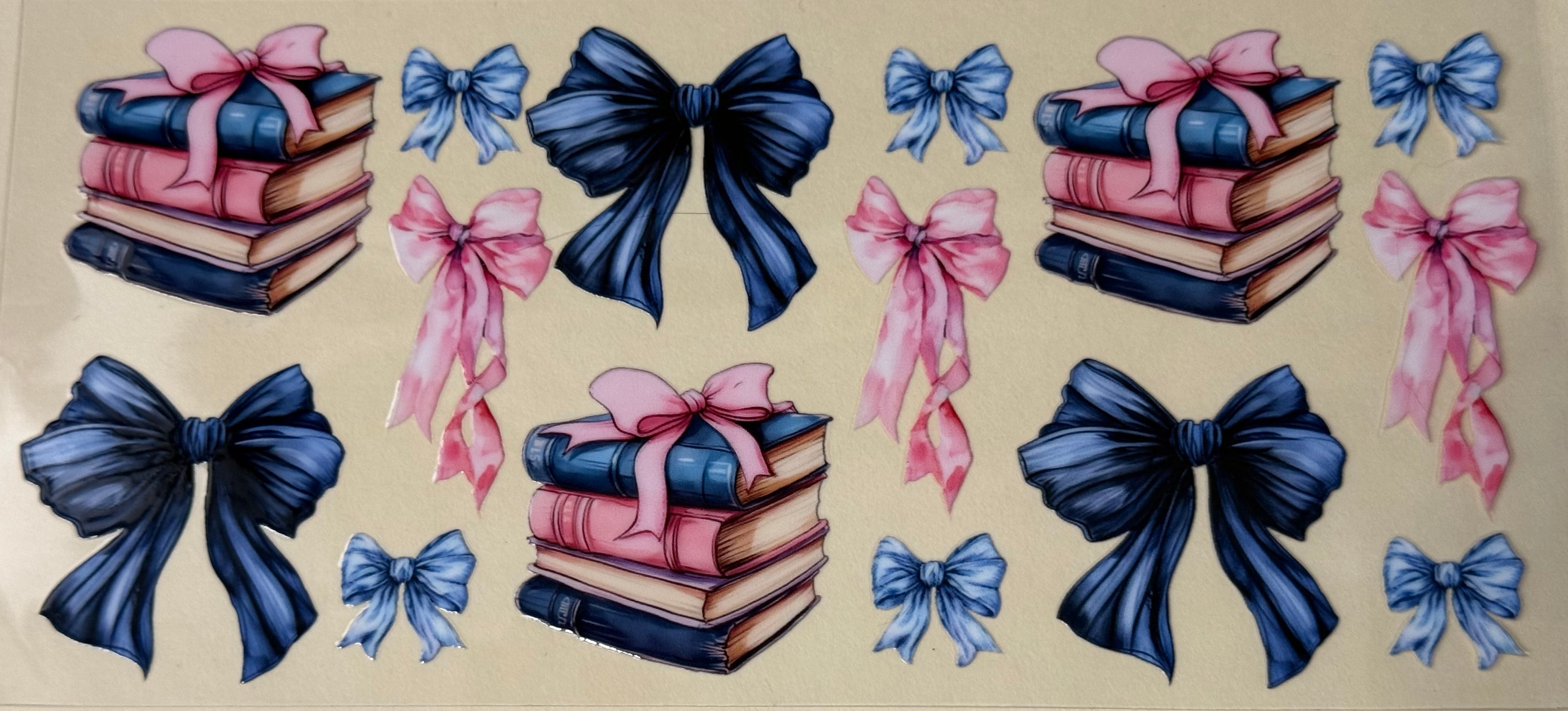 blue bow and pink bow with books