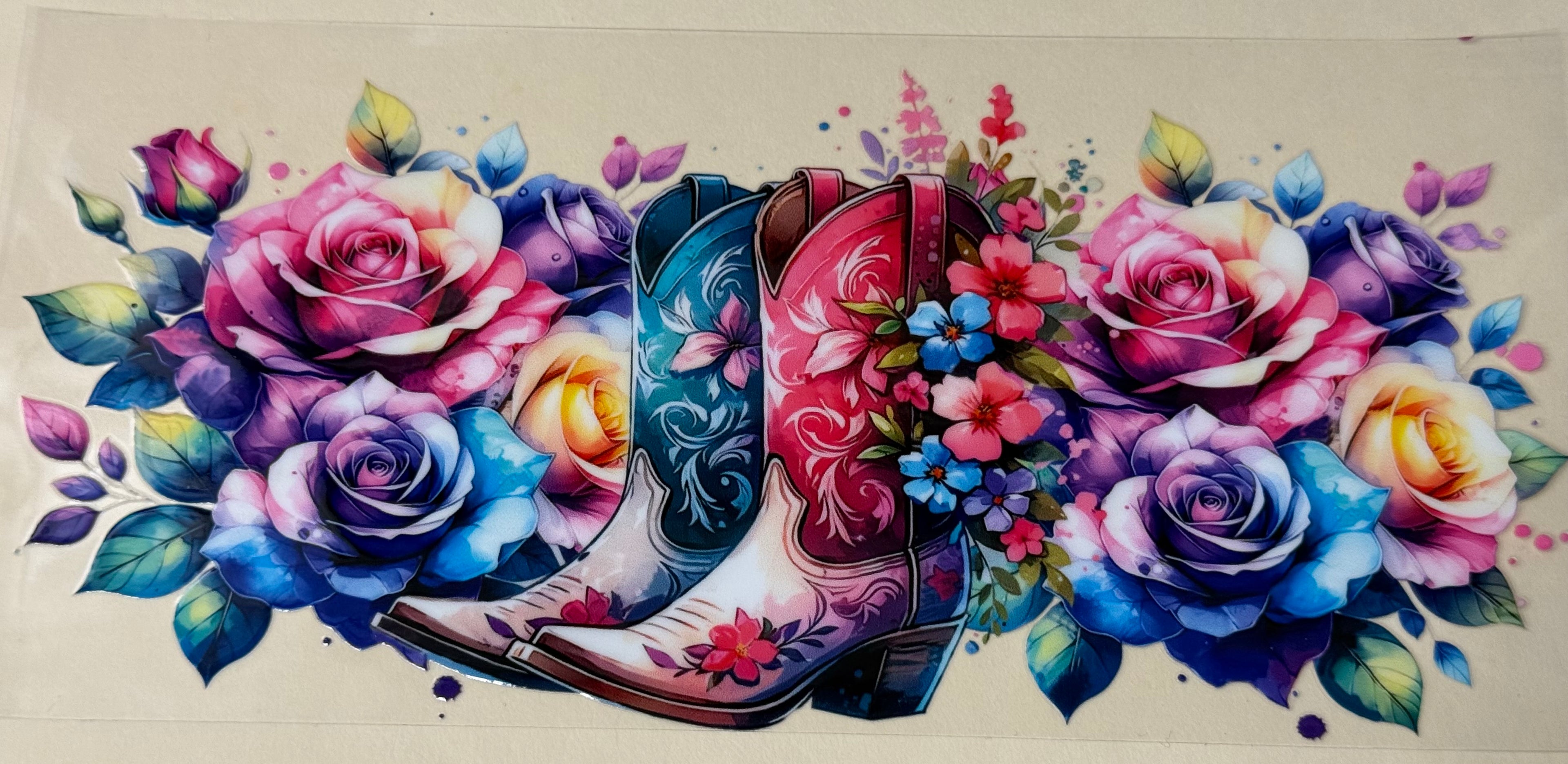 pink and blue  colorful roses  with boots