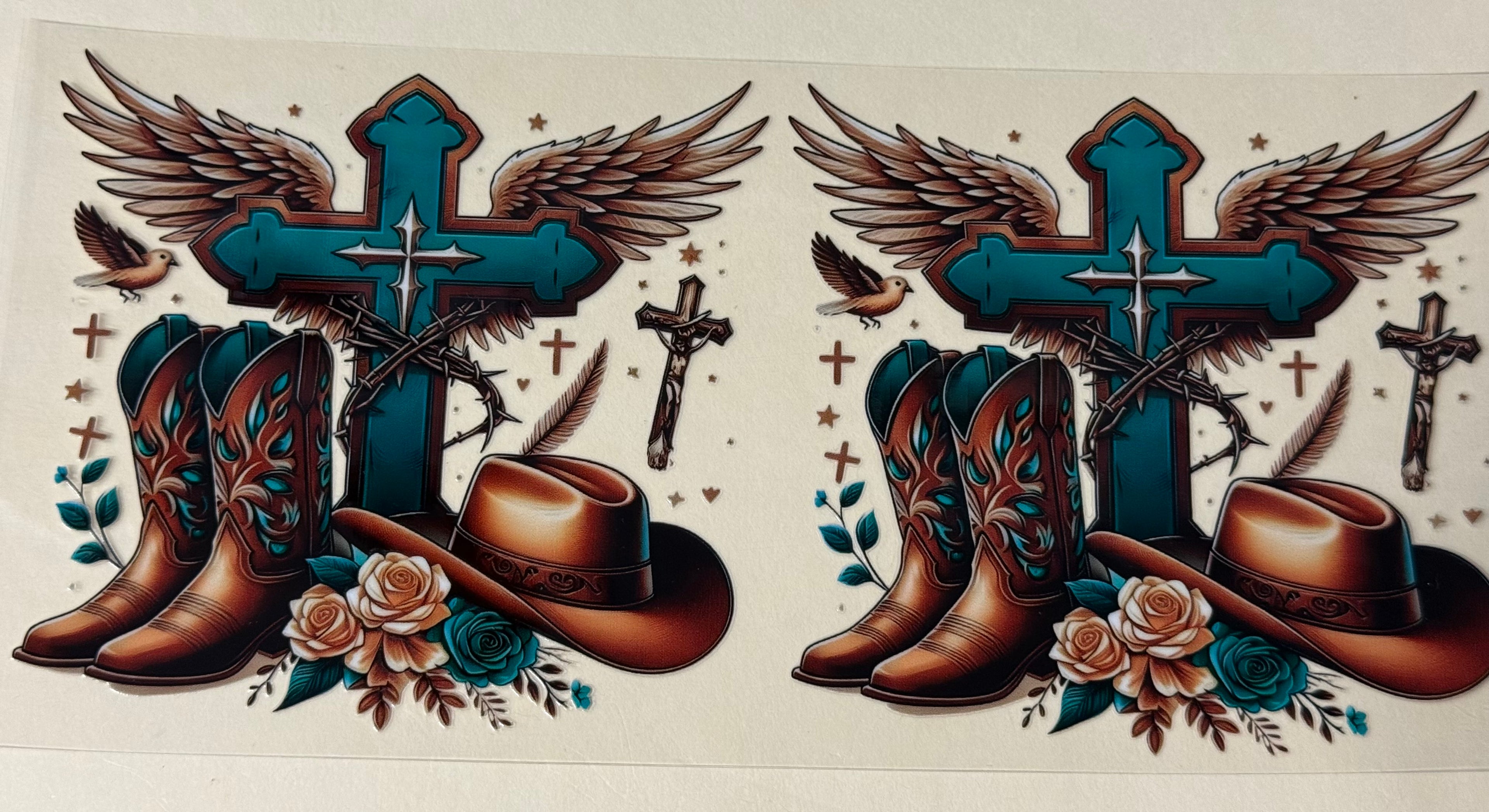 western boots hat and cross