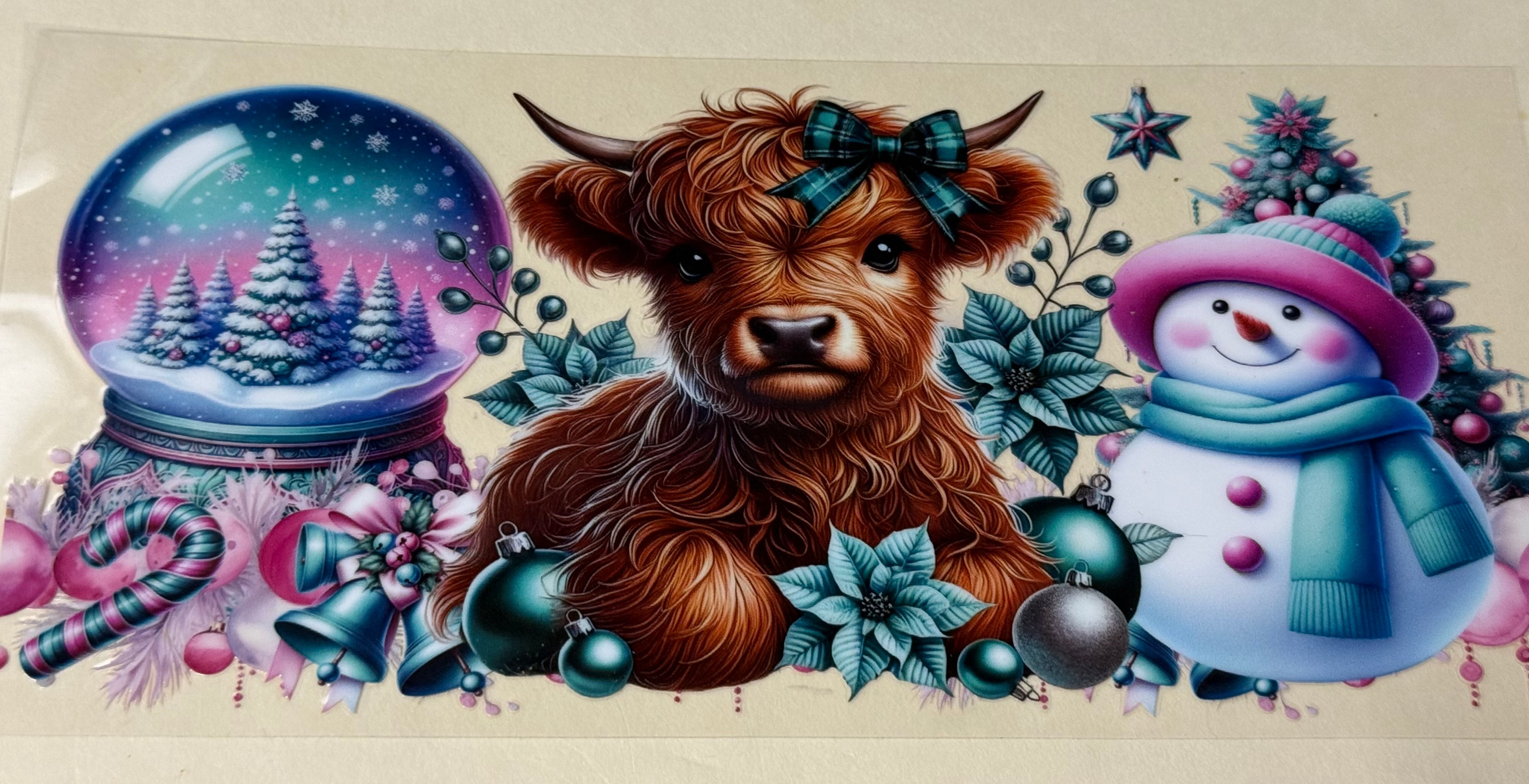 cow with snow globe and snowman